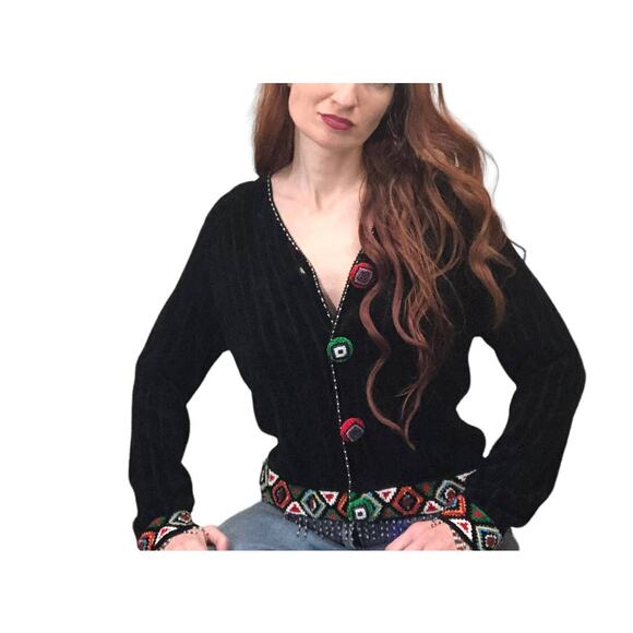 Berek Takako Sakon Beaded Chenille Cardigan Sweater M Boho Southwestern Tassel - Picture 3 of 16